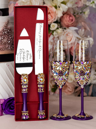 Plum quinceanera cake knife set with 2 glasses