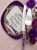 Plum Quinceanera cake knife set with plate and fork