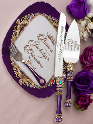 Plum Quinceanera cake knife set with 1 glass