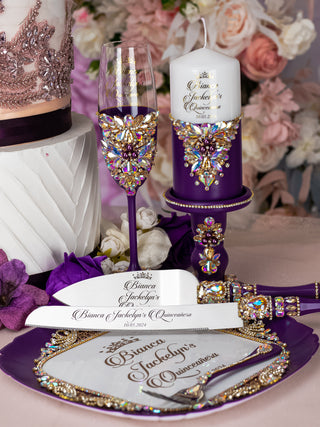 Plum Quinceanera cake knife set with plate and fork