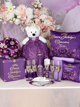 Plum quinceanera cake knife set with 2 glasses