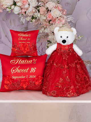 Red Quinceanera pillows set and teddy bear