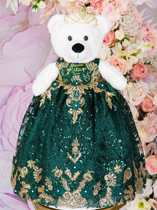 Emerald green with gold last teddy bear for quinceanera