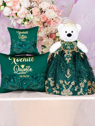 Green with gold Quinceanera pillows set and teddy bear