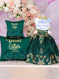Green with gold Quinceanera pillows set and Doll