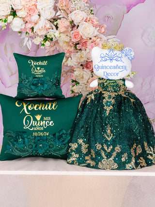 Green with gold Quinceanera pillows set and Doll