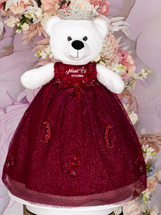 Burgundy silver Teddy Bear for Quinceanera