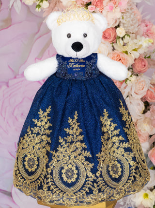 Navy Blue with gold Quinceanera pillows set and teddy bear