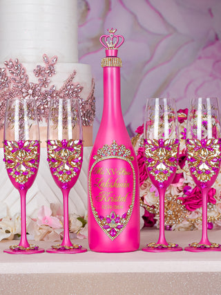 Fuchsia 2 quinceanera champagne glasses