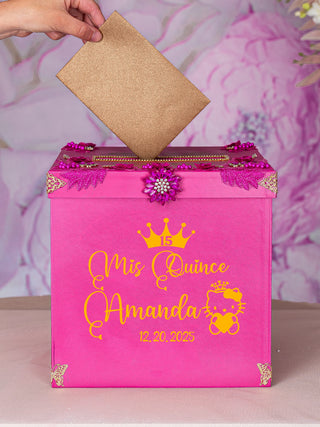 Fuchsia quinceanera guest book with pen Kitty design