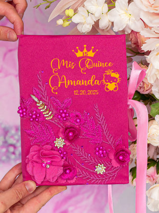 Fuchsia quinceanera guest book with pen Kitty design