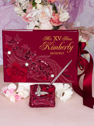 Burgundy gold quinceanera guest book with pen