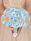 Light Blue Gold quinceanera bouquet 13 inches