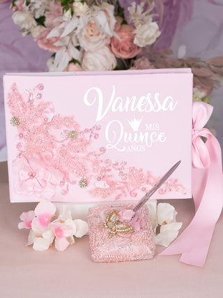 Pink Silver quinceanera guest book with pen