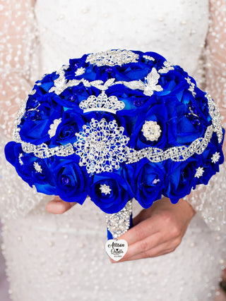 Royal blue silver quinceanera bouquet 9 inches