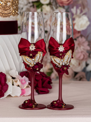 Burgundy with butterflies quinceanera cake knife set with 2 glasses