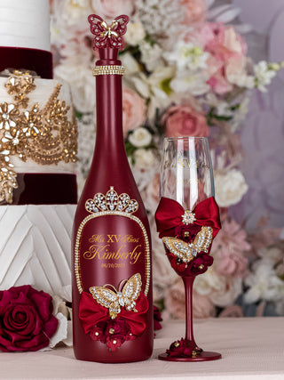 Burgundy with butterflies 2 quinceanera champagne glasses