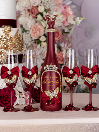 Burgundy with butterflies 2 quinceanera champagne glasses