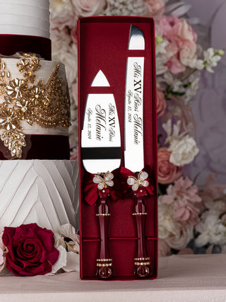 Burgundy with butterflies quinceanera cake knife set with 2 glasses