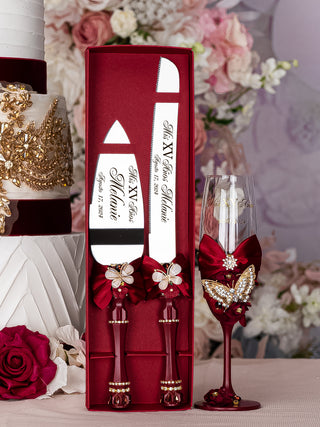 Burgundy with butterflies Quinceanera Bottle with 1 Glass