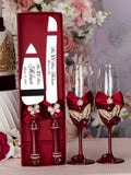 Burgundy with butterflies quinceanera cake knife set with 2 glasses