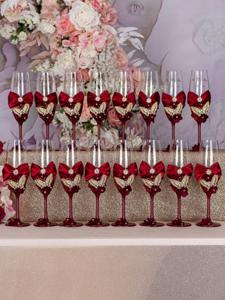 Burgundy with butterflies 2 quinceanera champagne glasses