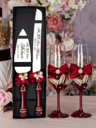 Burgundy with butterflies 16 quinceanera champagne glasses