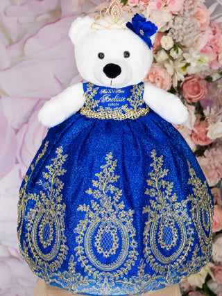 Juego de almohadas de quinceañera en azul real con flores y osito de peluche