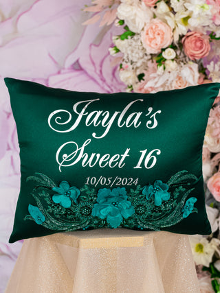 Juego de almohadas para quinceañera en color verde y plateado