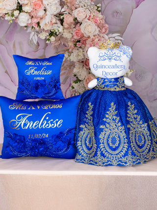 Royal Blue with gold Quinceanera pillows set and Doll