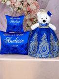 Juego de almohadas de quinceañera en azul real con flores y osito de peluche