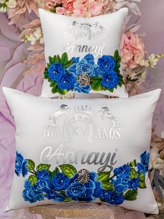 Charro royal blue and white Quinceanera pillows set