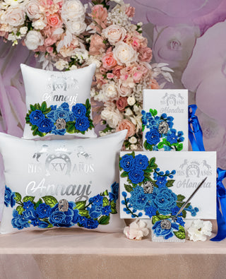 Charro royal blue and white Quinceanera package of pillows set, Bible and guest book