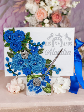 Charro royal blue and white Quinceanera pillows set