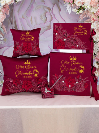 Burgundy quinceanera guest book with pen Kitty design