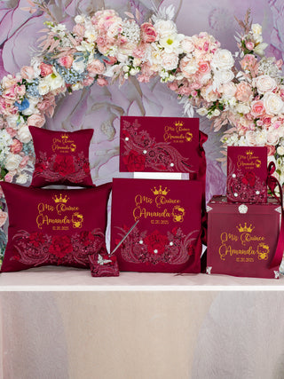 Burgundy Quinceanera pillows set, bible with album de fotos Kitty design