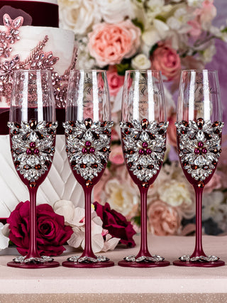 Burgundy silver 4 quinceanera champagne glasses