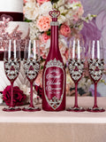 Burgundy silver quinceanera bottle with 4 glasses