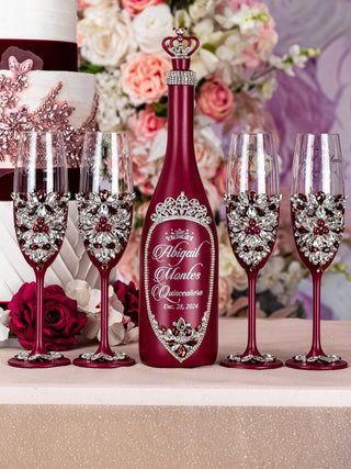 Burgundy silver quinceanera bottle with 4 glasses