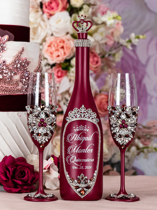 Burgundy silver quinceanera bottle with 2 glasses