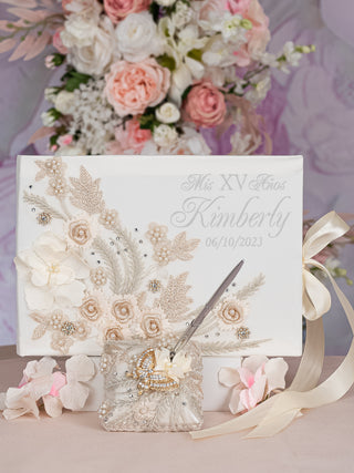 Gold with silver Quinceanera guest book with pen