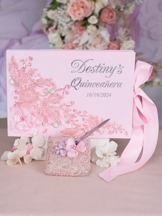 Pink Silver quinceanera guest book with pen