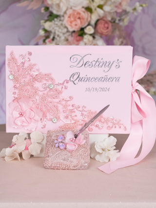 Pink Silver quinceanera guest book with pen