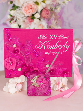 Fuchsia with silver quinceanera guest book with pen