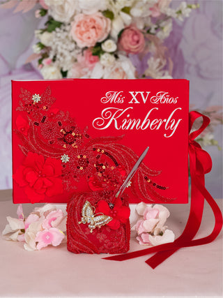 Red silver quinceanera guest book with pen