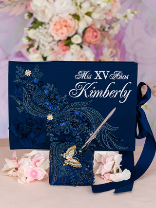 Navy Blue with silver quinceanera guest book