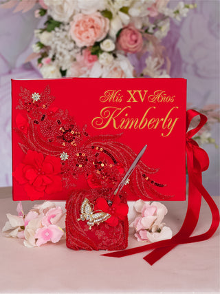 Red gold quinceanera guest book with pen