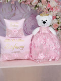 Pink with Gold and flowers Quinceanera pillows set and teddy bear