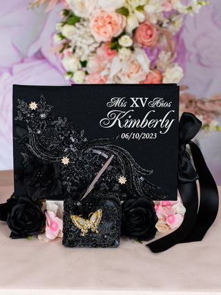 Black with Silver quinceanera guest book with pen