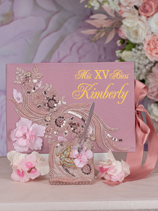 Rose gold quinceanera guest book with pen